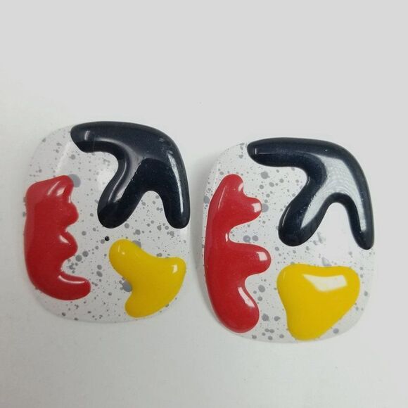 Vintage Bold 80s Style Enamel Stud Earrings, Rectangle Black Red Yellow Color - Picture 2 of 6